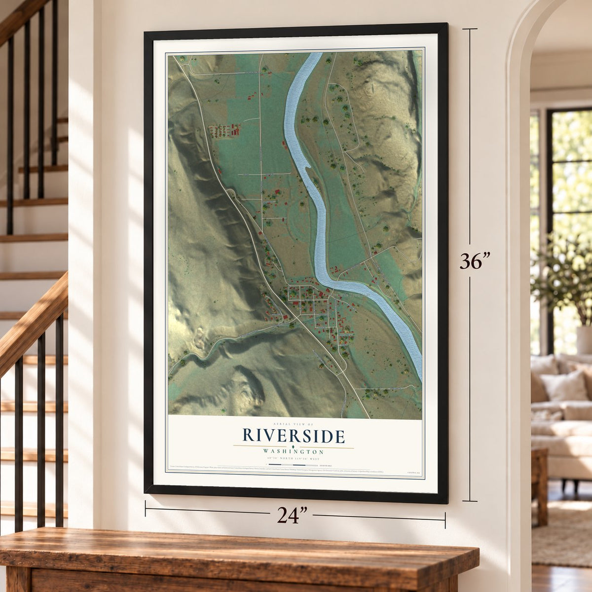 Riverside, Washington map, 24 x 36 inch print in a black frame by a staircase
