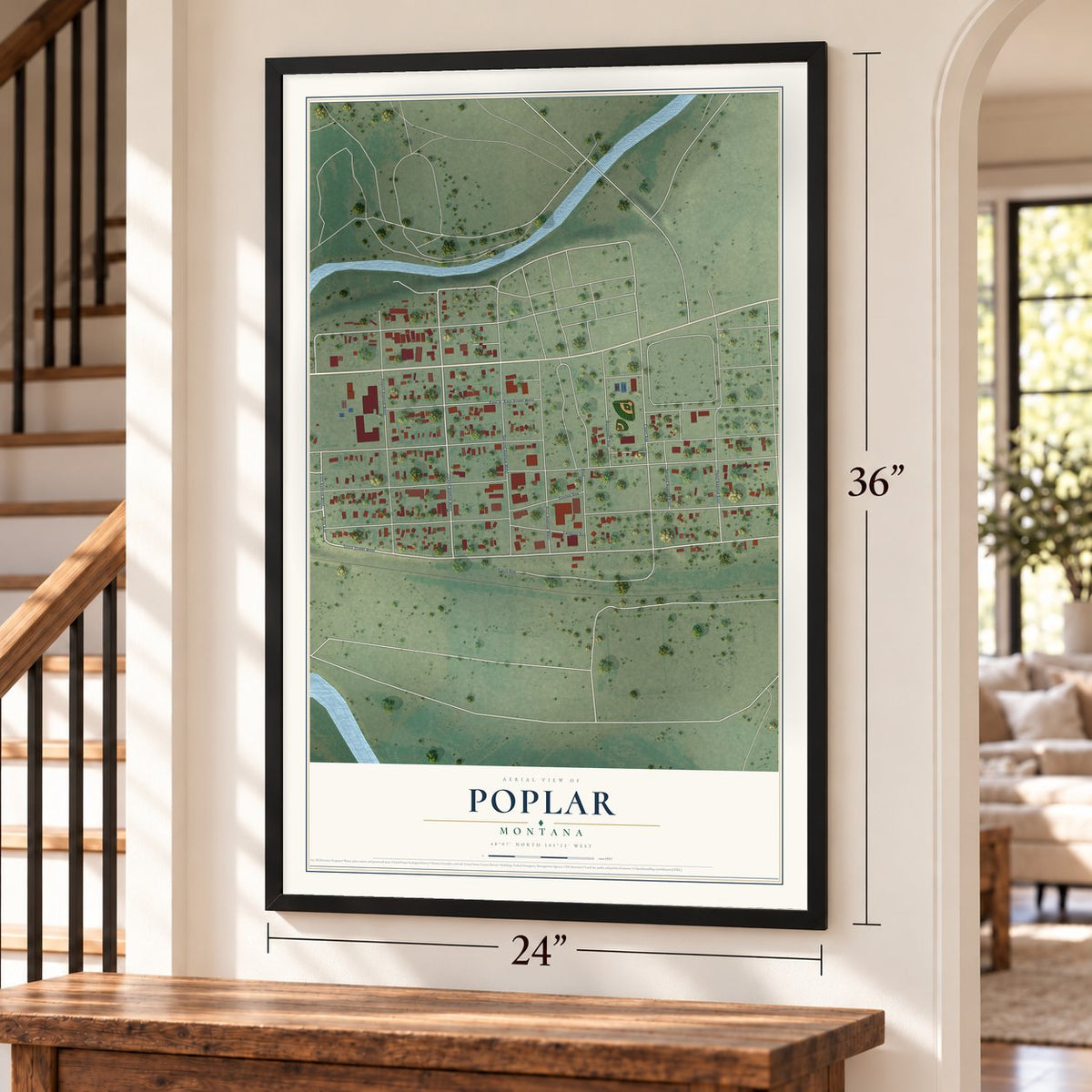 Poplar, Montana map, 24 x 36 inch print in a black frame by a staircase