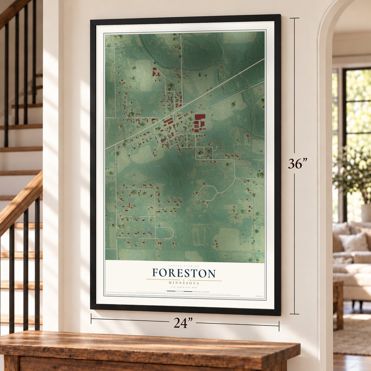Foreston, Minnesota map, 24 x 36 inch print in a black frame by a staircase