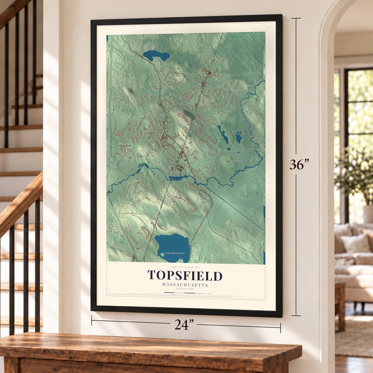 Topsfield, Massachusetts map, 24 x 36 inch print in a black frame by a staircase