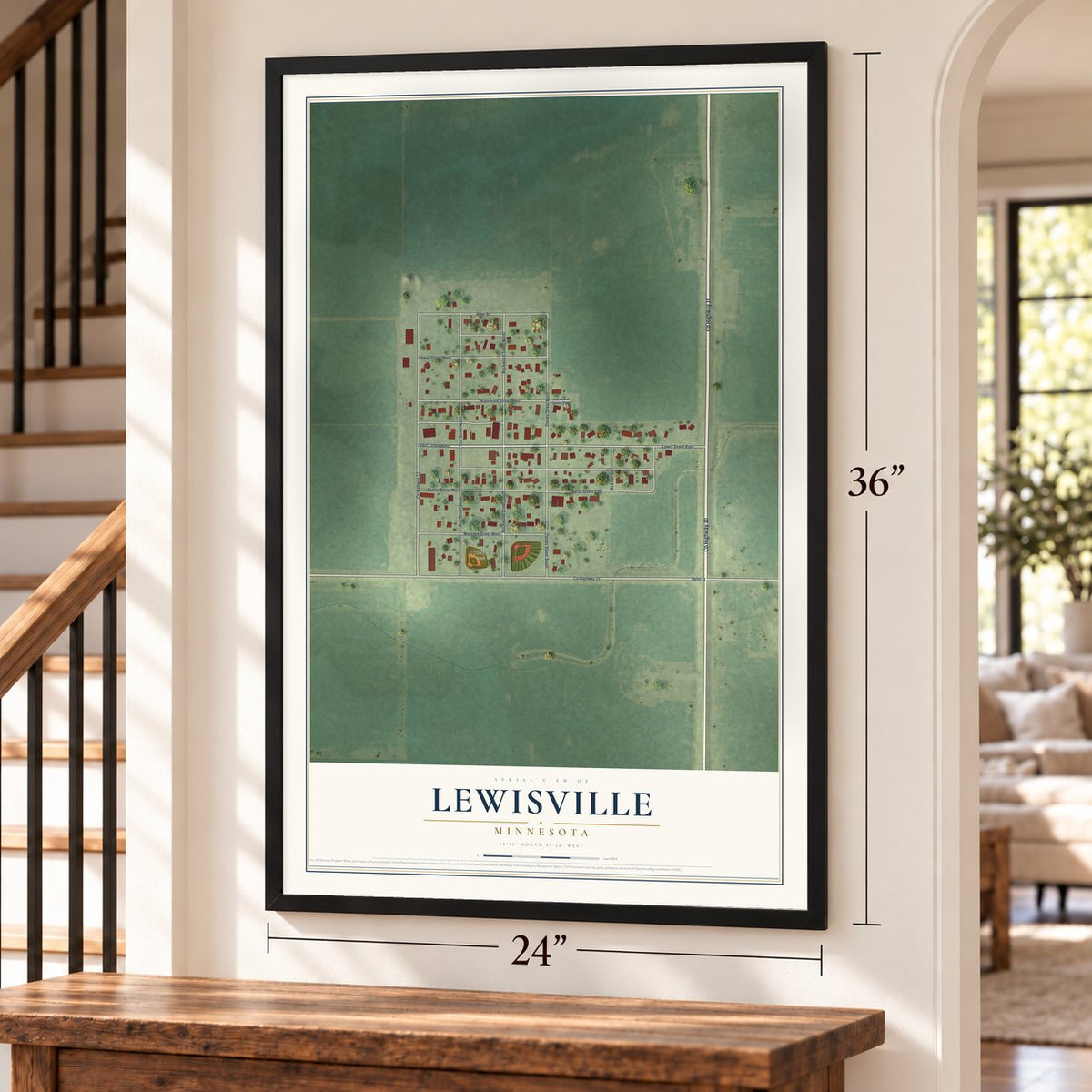 Lewisville, Minnesota map, 24 x 36 inch print in a black frame by a staircase