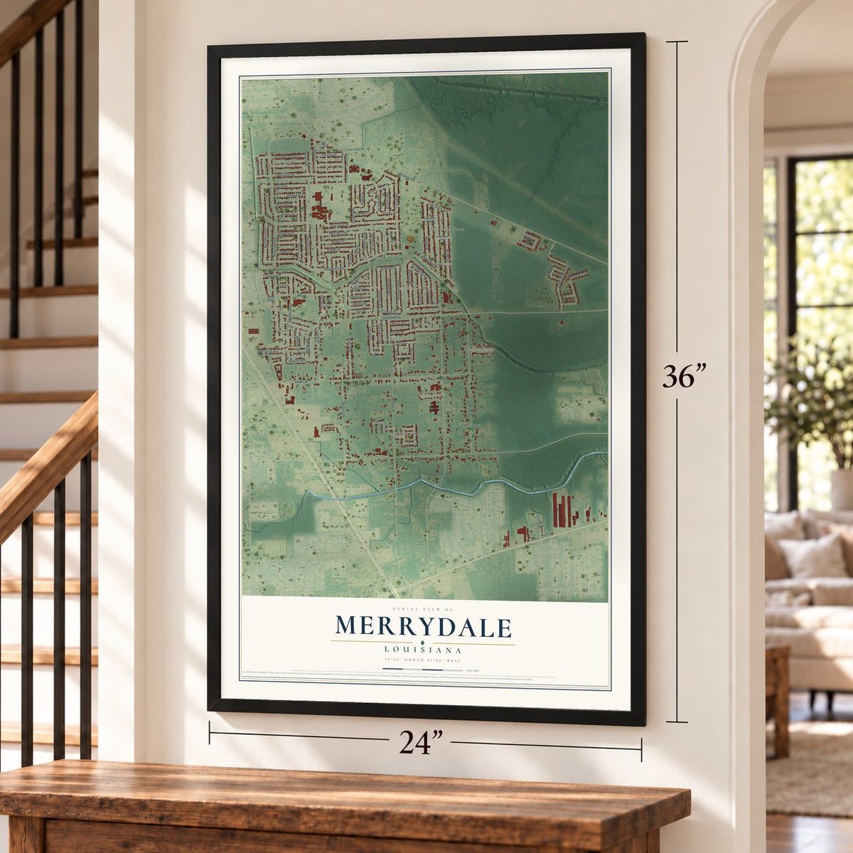 Merrydale, Louisiana map, 24 x 36 inch print in a black frame by a staircase