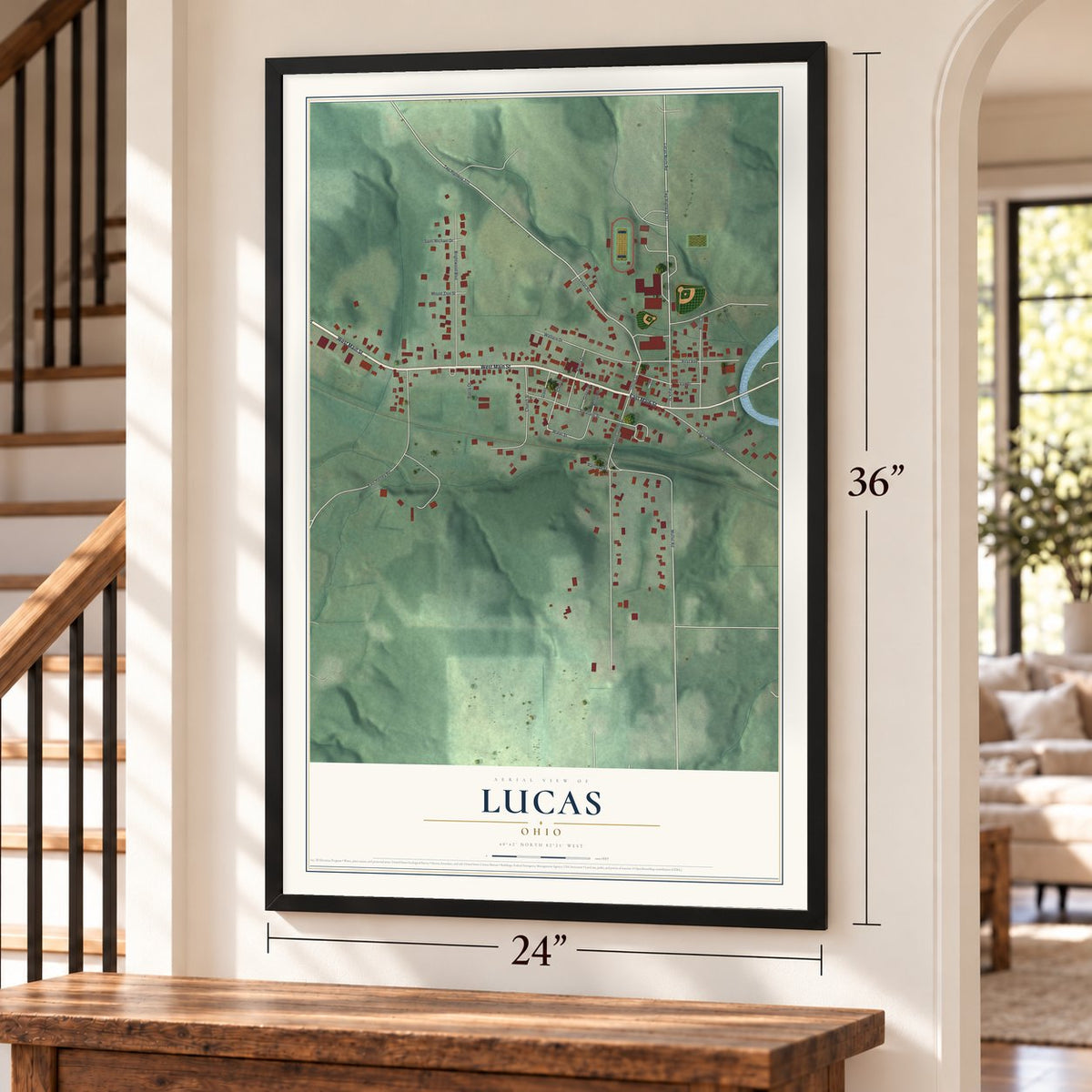 Lucas, Ohio map, 24 x 36 inch print in a black frame by a staircase