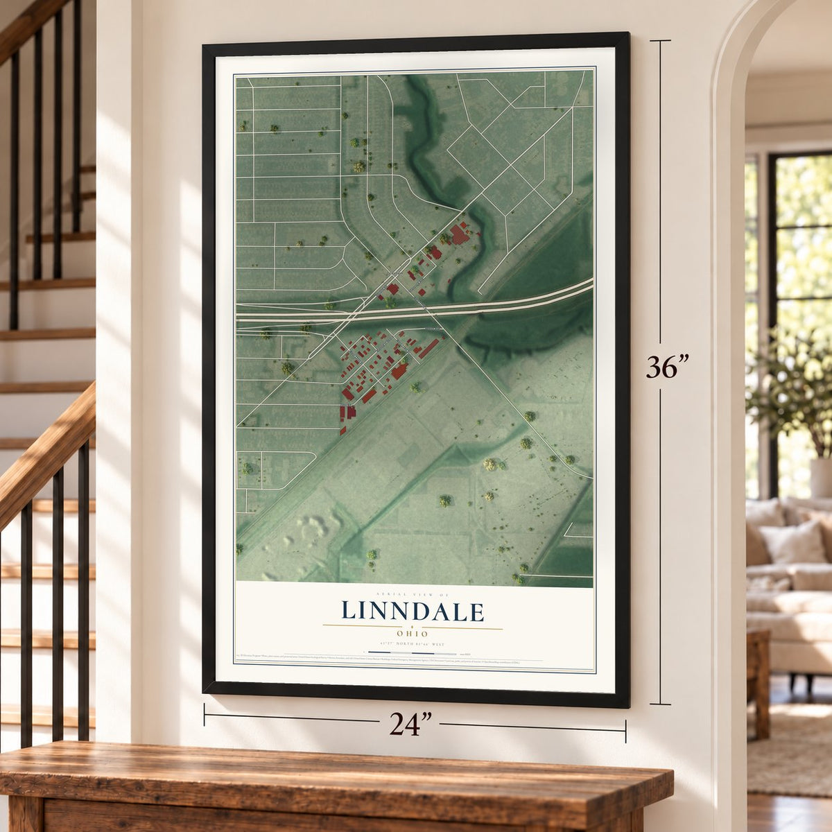 Linndale, Ohio map, 24 x 36 inch print in a black frame by a staircase