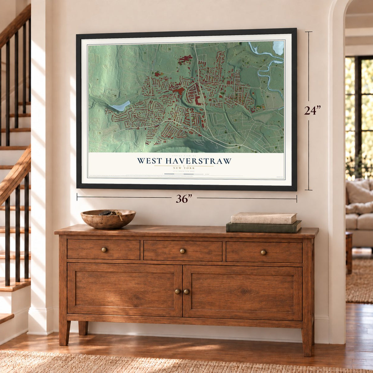 West Haverstraw, New York map, 24 x 36 inch print in a black frame above a dresser by a staircase