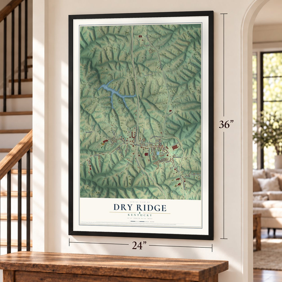 Dry Ridge, Kentucky map, 24 x 36 inch print in a black frame by a staircase