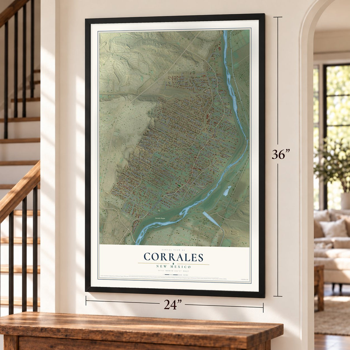 Corrales, New Mexico map, 24 x 36 inch print in a black frame by a staircase