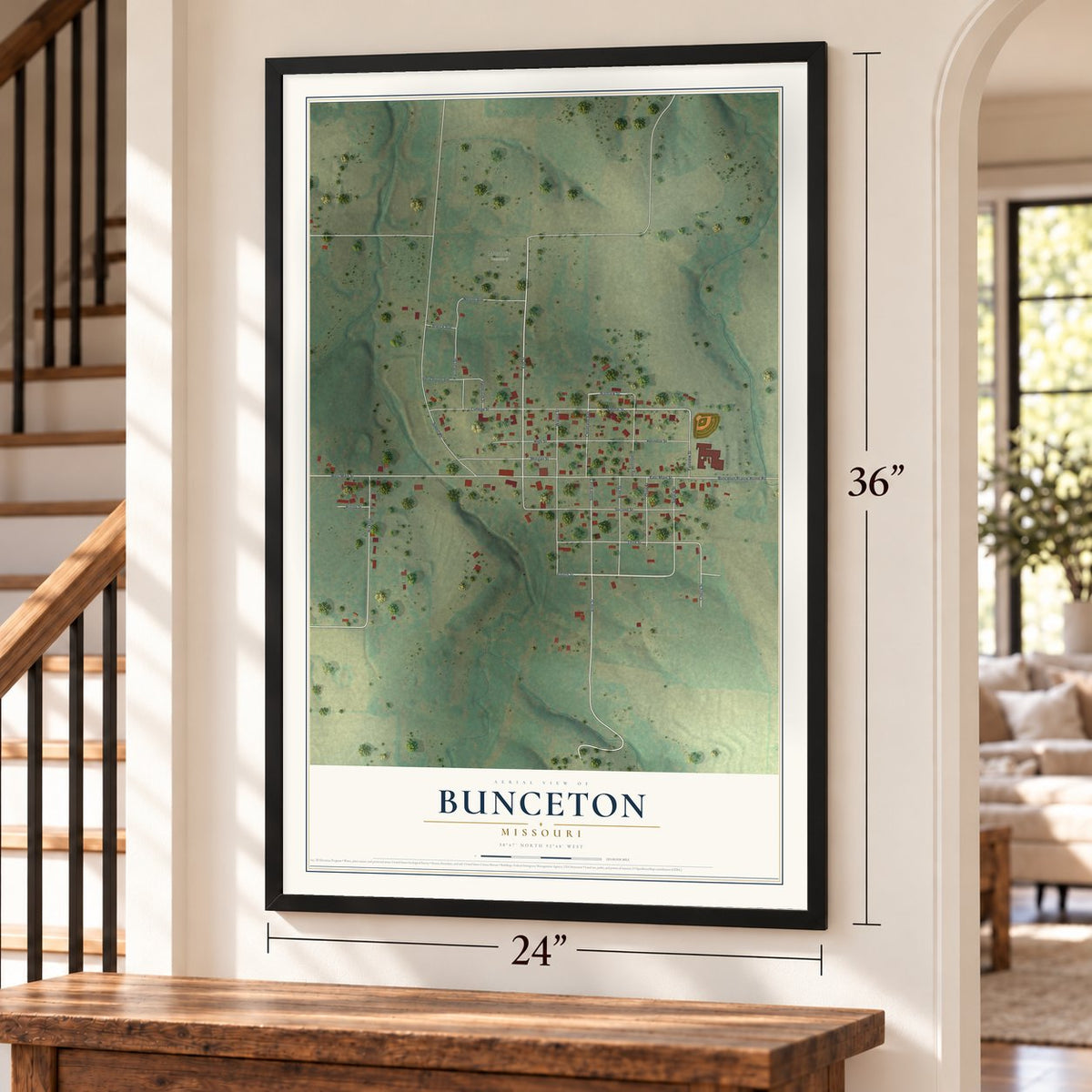 Bunceton, Missouri map, 24 x 36 inch print in a black frame by a staircase