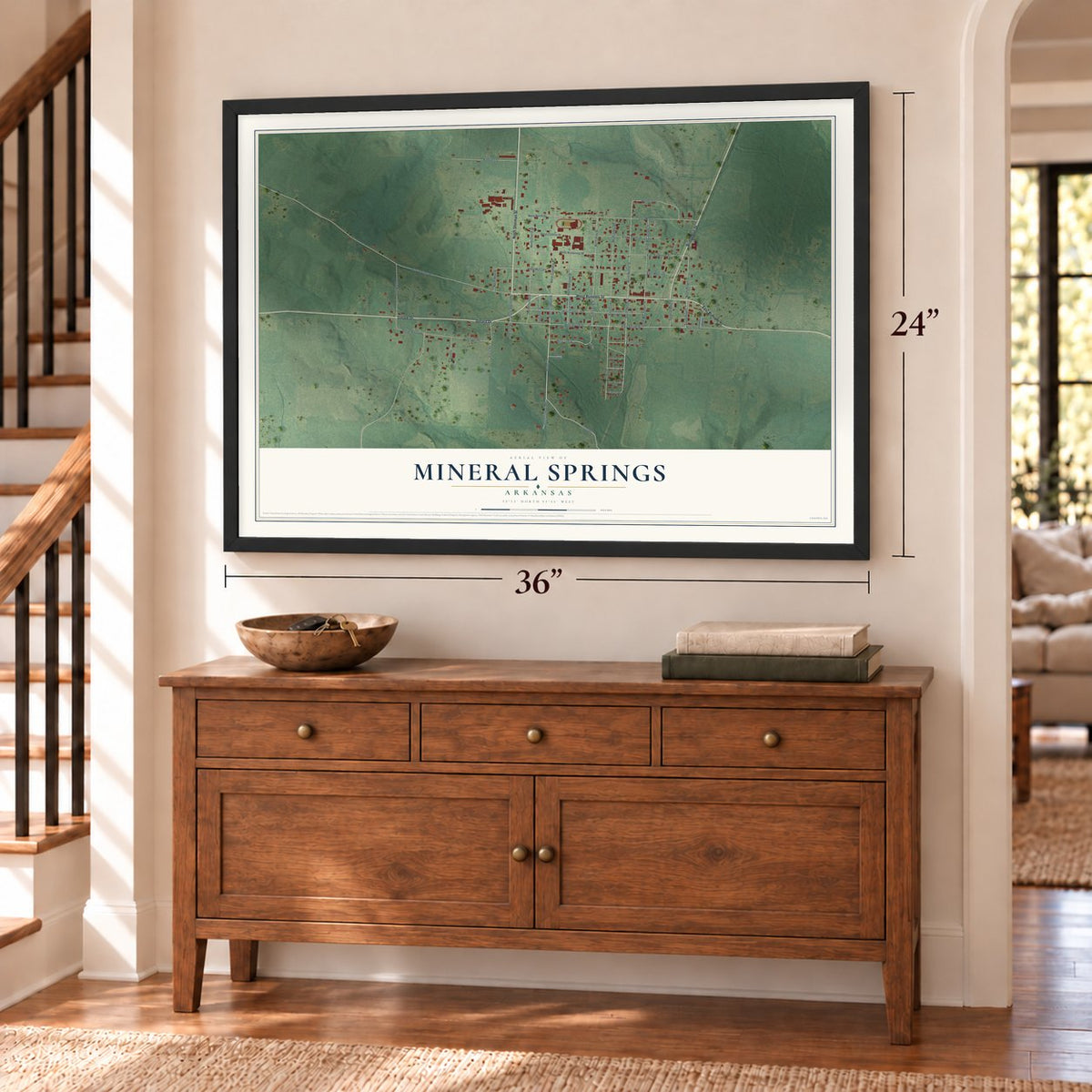 Mineral Springs, Arkansas map, 24 x 36 inch print in a black frame above a dresser by a staircase
