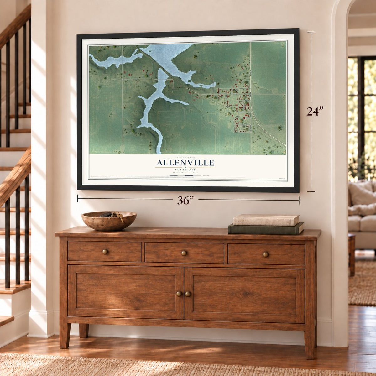 Allenville, Illinois map, 24 x 36 inch print in a black frame above a dresser by a staircase