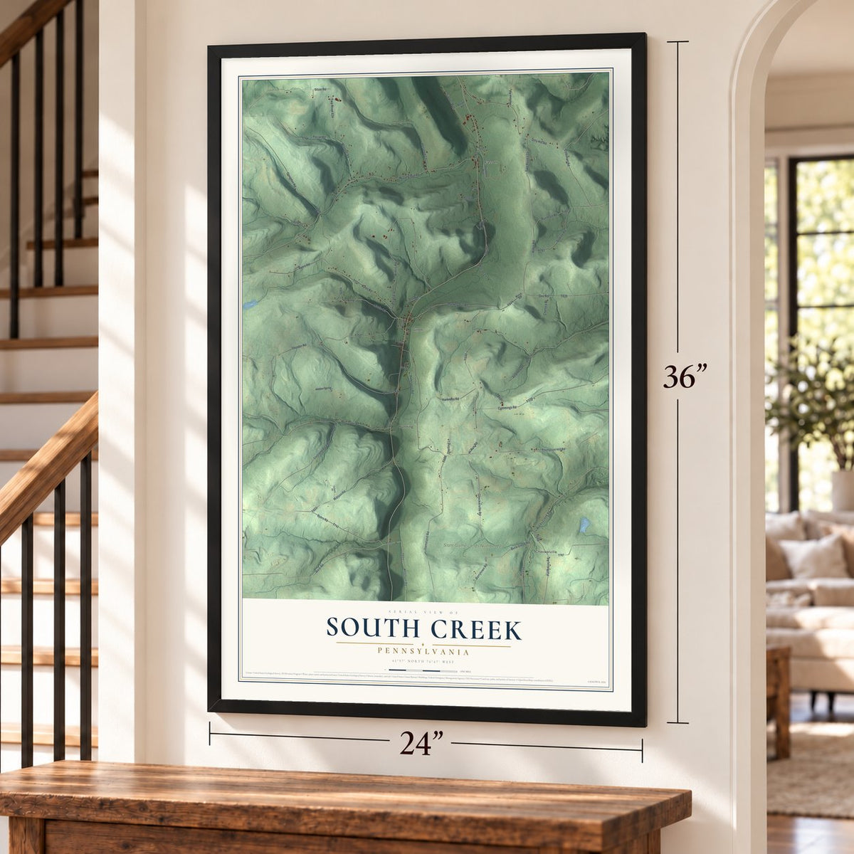 South Creek, Pennsylvania map, 24 x 36 inch print in a black frame by a staircase