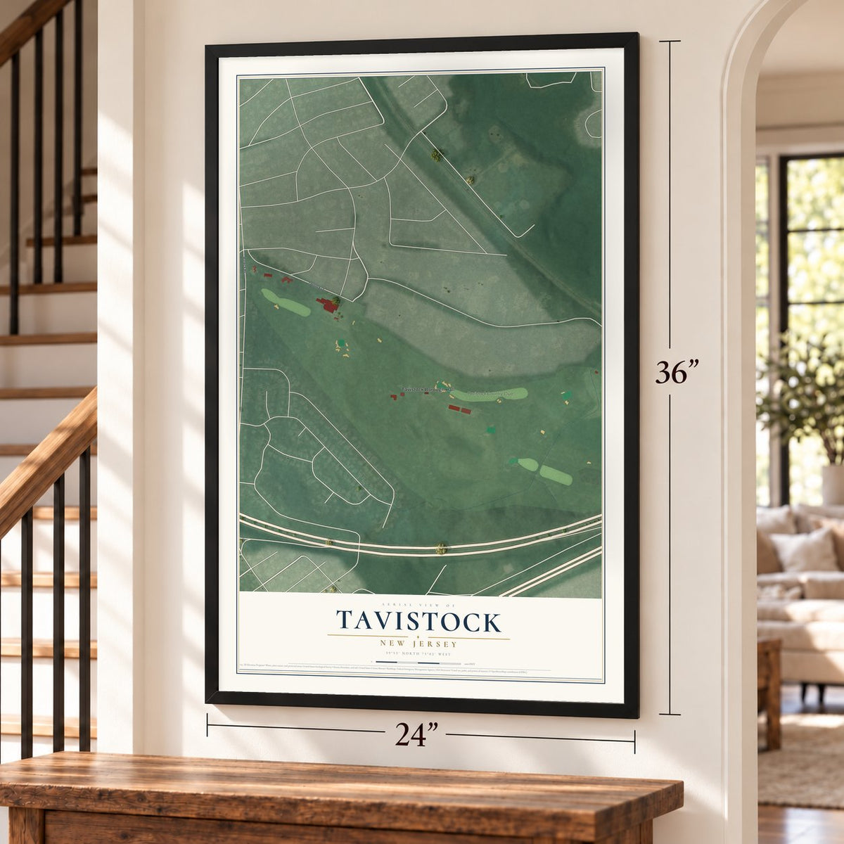 Tavistock, New Jersey map, 24 x 36 inch print in a black frame by a staircase