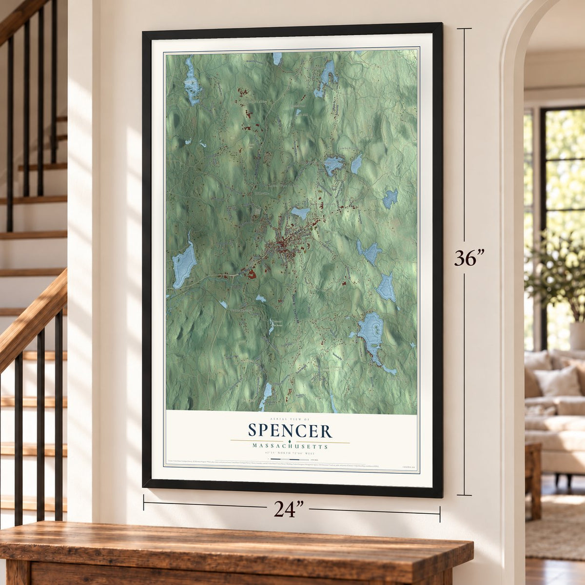 Spencer, Massachusetts map, 24 x 36 inch print in a black frame by a staircase