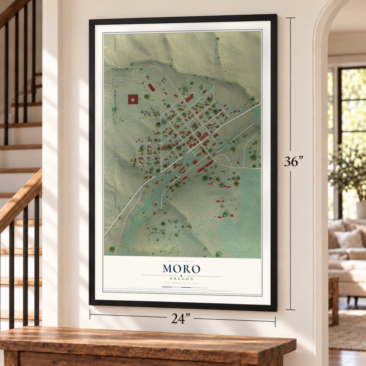 Moro, Oregon map, 24 x 36 inch print in a black frame by a staircase