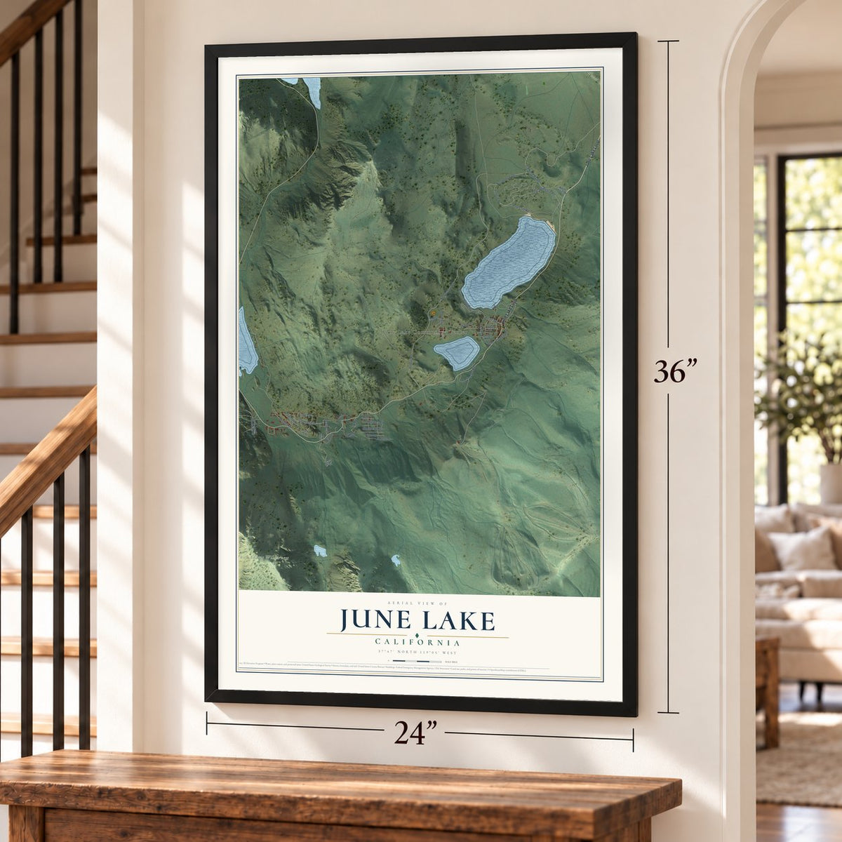 June Lake, California map, 24 x 36 inch print in a black frame by a staircase