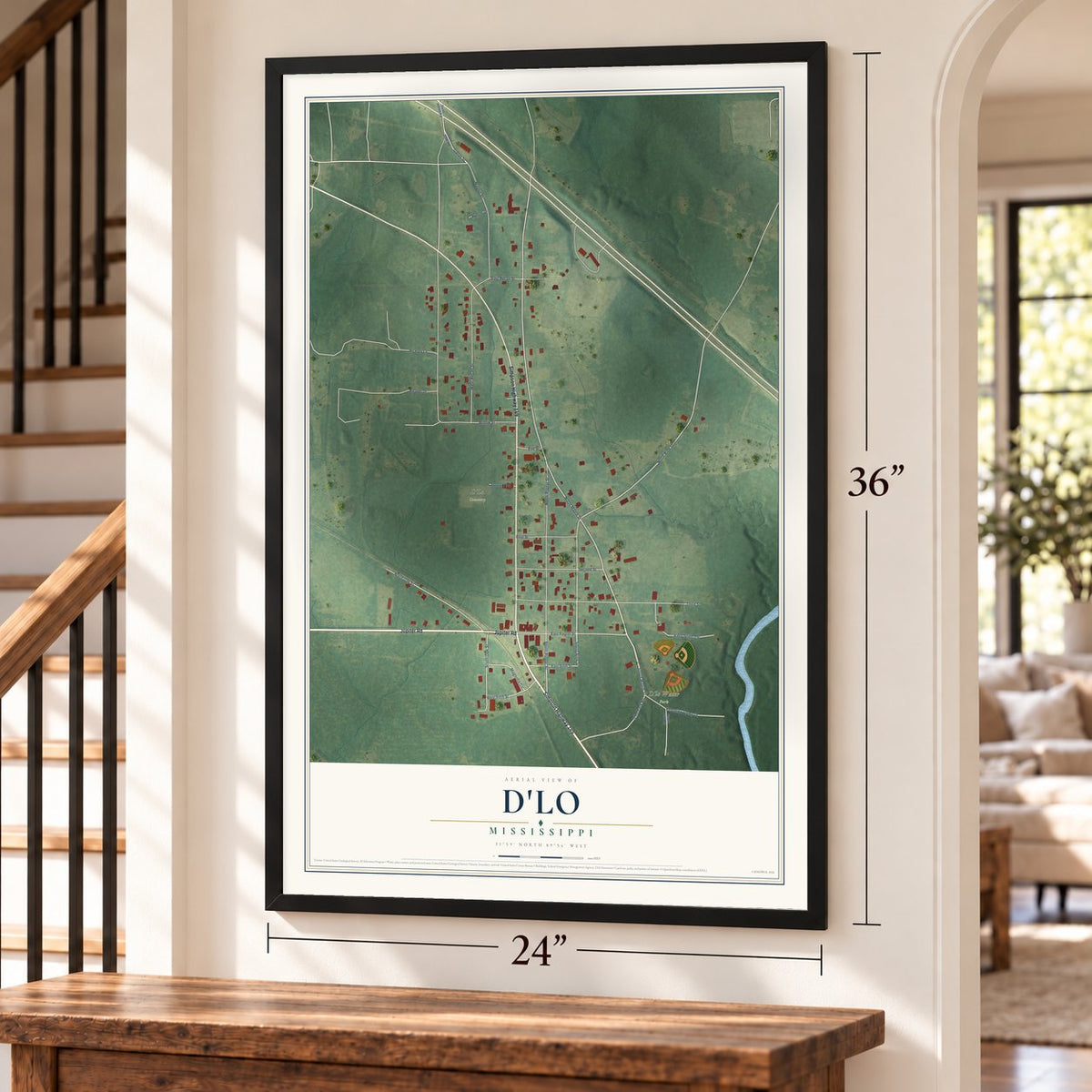 D'Lo, Mississippi map, 24 x 36 inch print in a black frame by a staircase