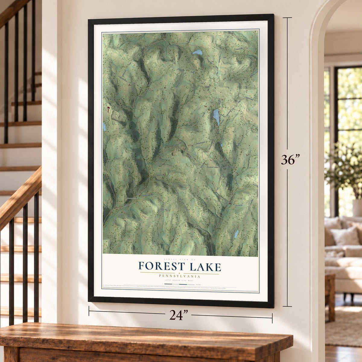 Forest Lake, Pennsylvania map, 24 x 36 inch print in a black frame by a staircase