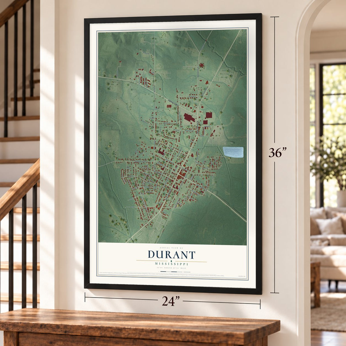 Durant, Mississippi map, 24 x 36 inch print in a black frame by a staircase
