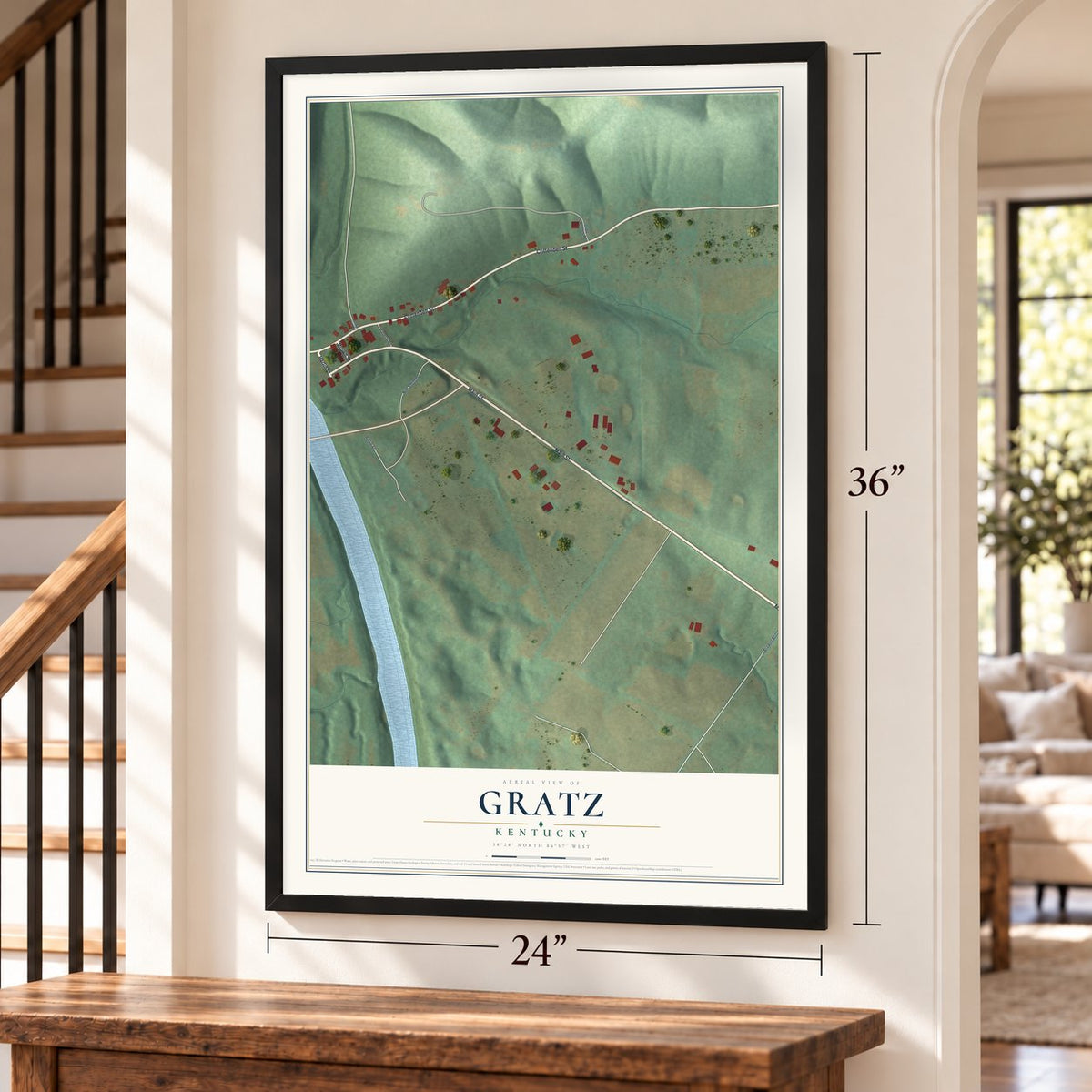 Gratz, Kentucky map, 24 x 36 inch print in a black frame by a staircase