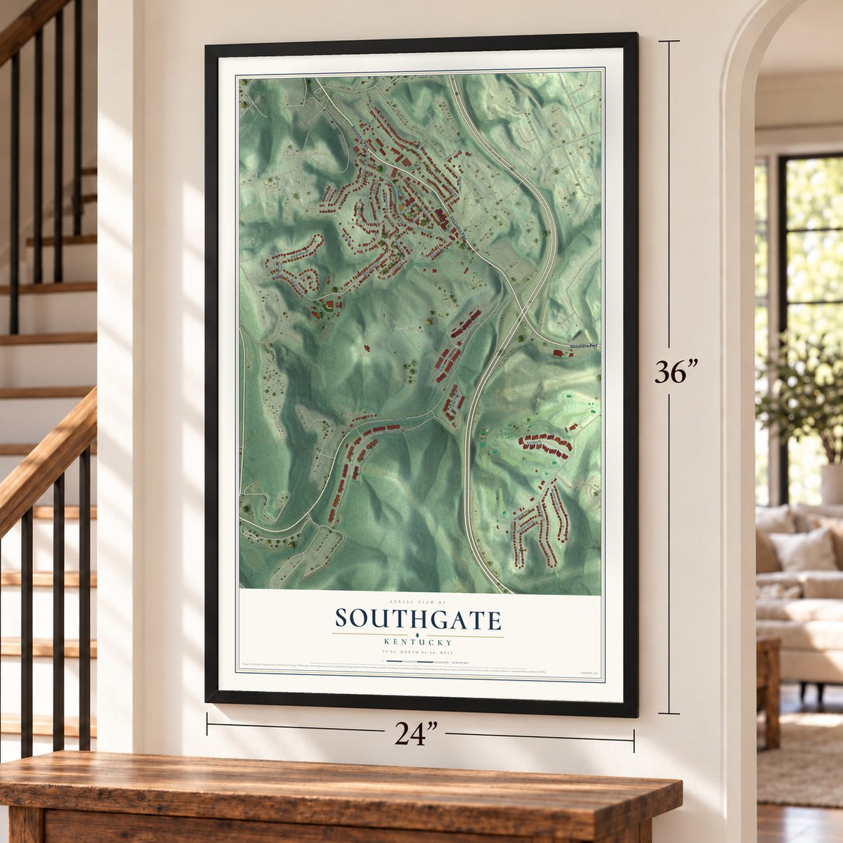 Southgate, Kentucky map, 24 x 36 inch print in a black frame by a staircase