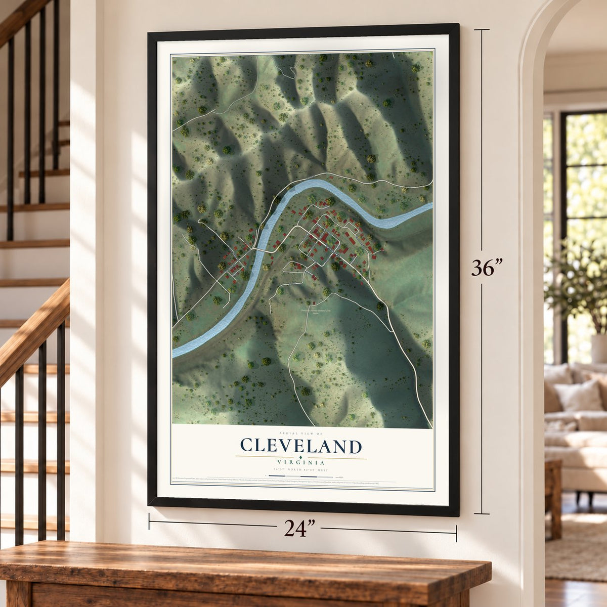 Cleveland, Virginia map, 24 x 36 inch print in a black frame by a staircase