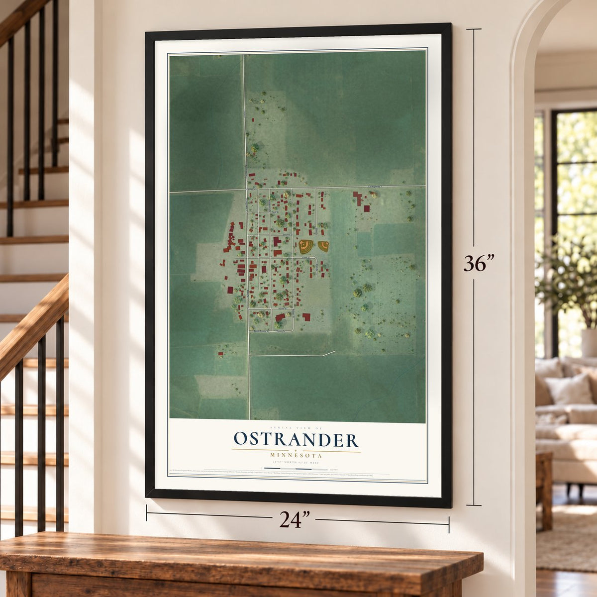 Ostrander, Minnesota map, 24 x 36 inch print in a black frame by a staircase