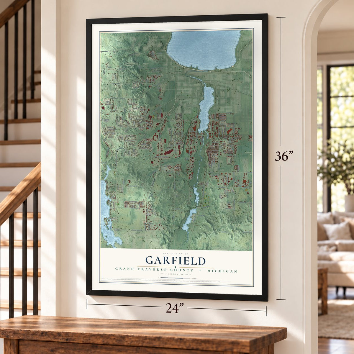 Garfield, Grand Traverse County, Michigan map, 24 x 36 inch print in a black frame by a staircase