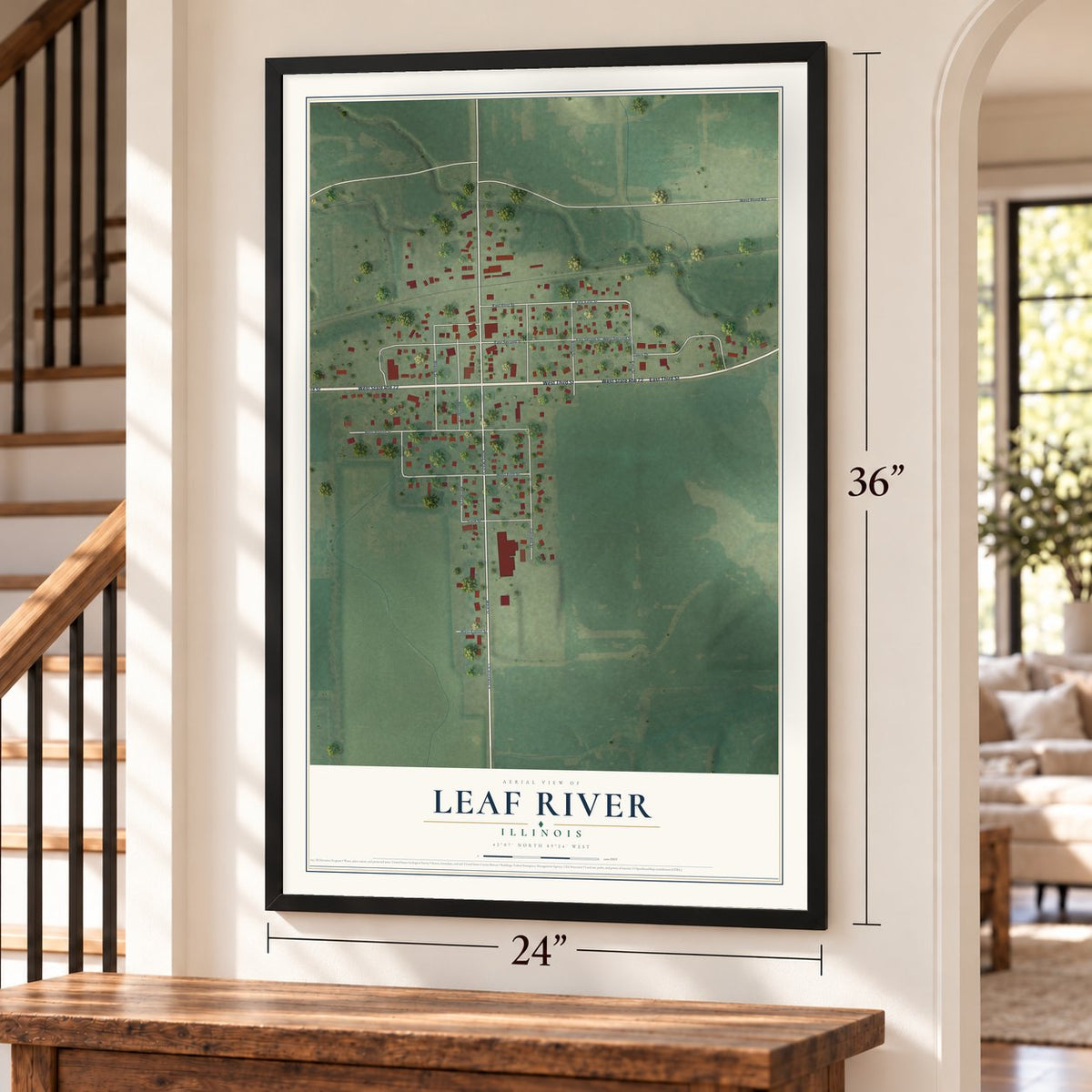 Leaf River, Illinois map, 24 x 36 inch print in a black frame by a staircase