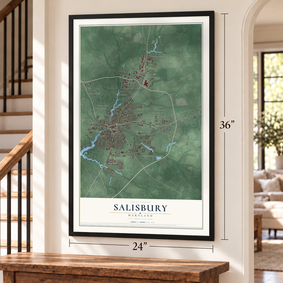Salisbury, Maryland map, 24 x 36 inch print in a black frame by a staircase