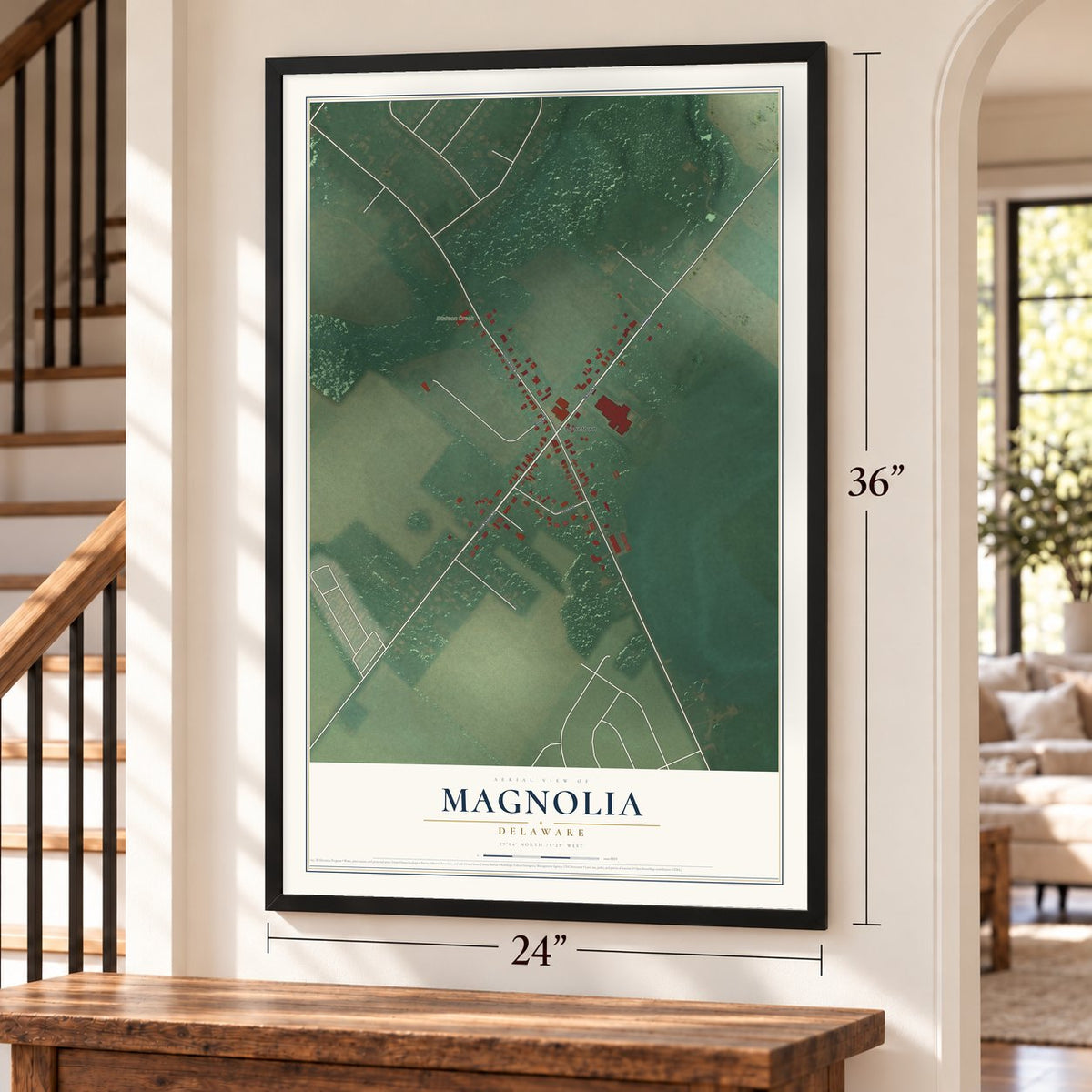 Magnolia, Delaware map, 24 x 36 inch print in a black frame by a staircase