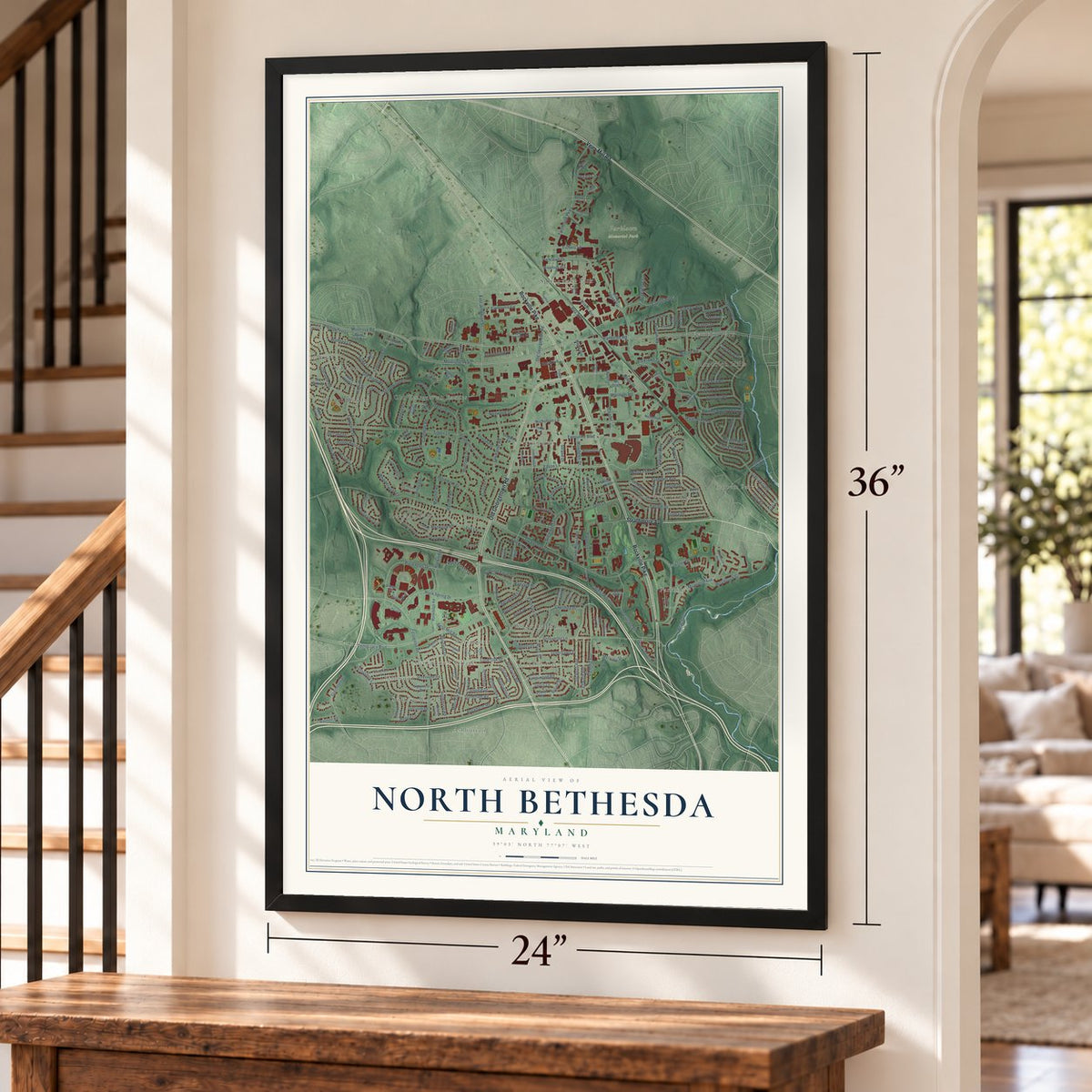 North Bethesda, Maryland map, 24 x 36 inch print in a black frame by a staircase