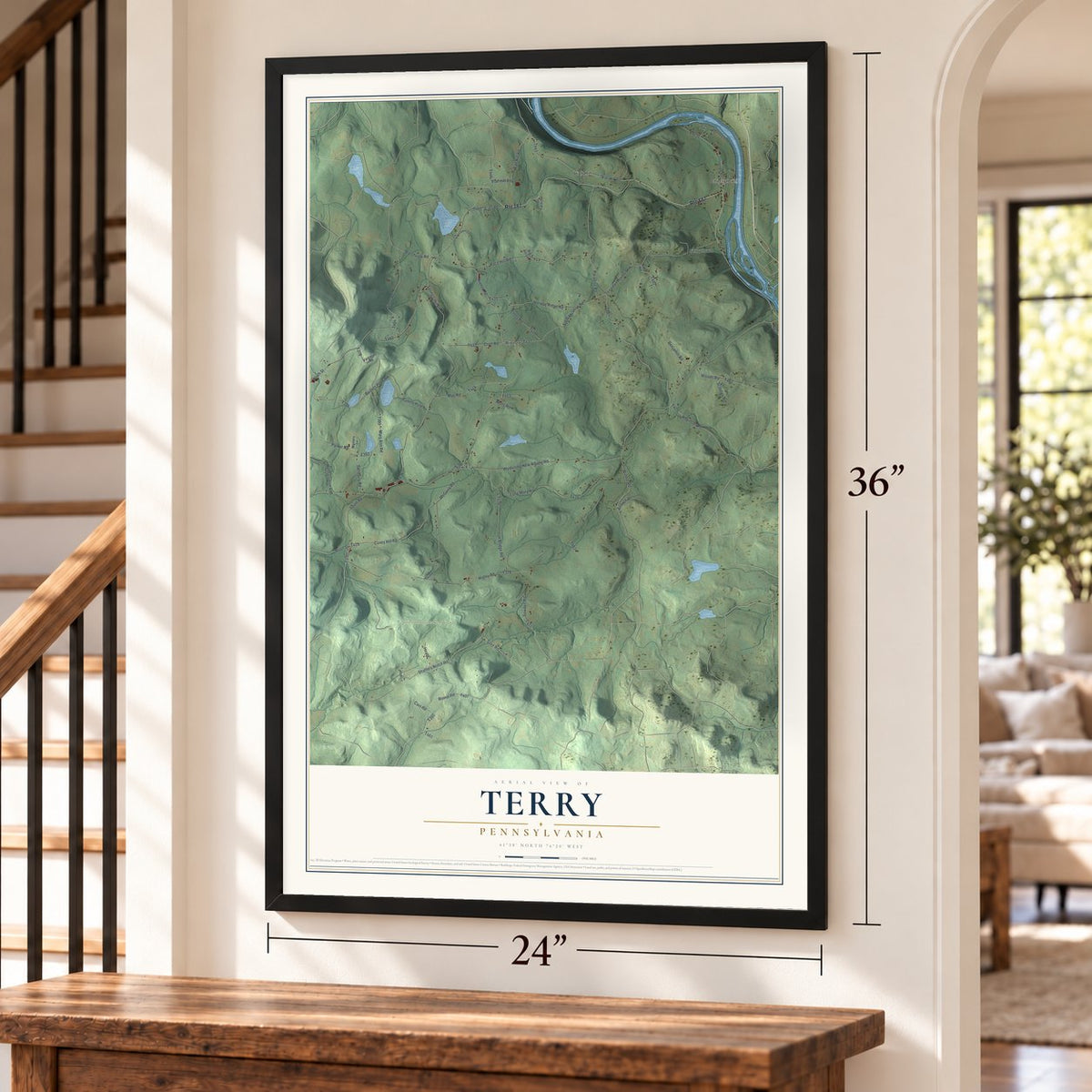 Terry, Pennsylvania map, 24 x 36 inch print in a black frame by a staircase