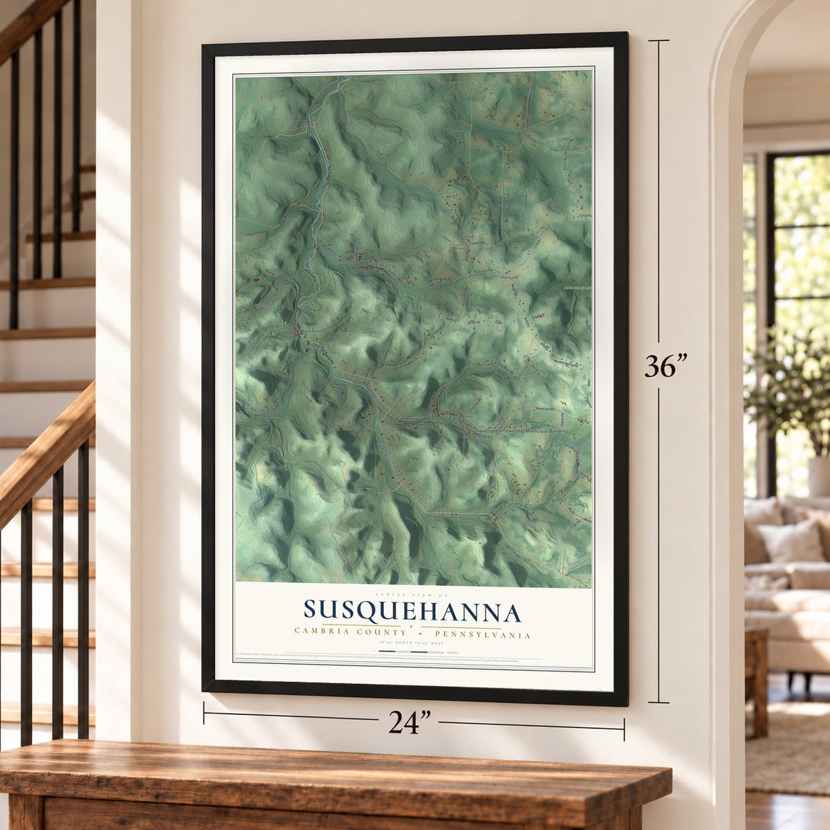 Susquehanna, Cambria County, Pennsylvania map, 24 x 36 inch print in a black frame by a staircase