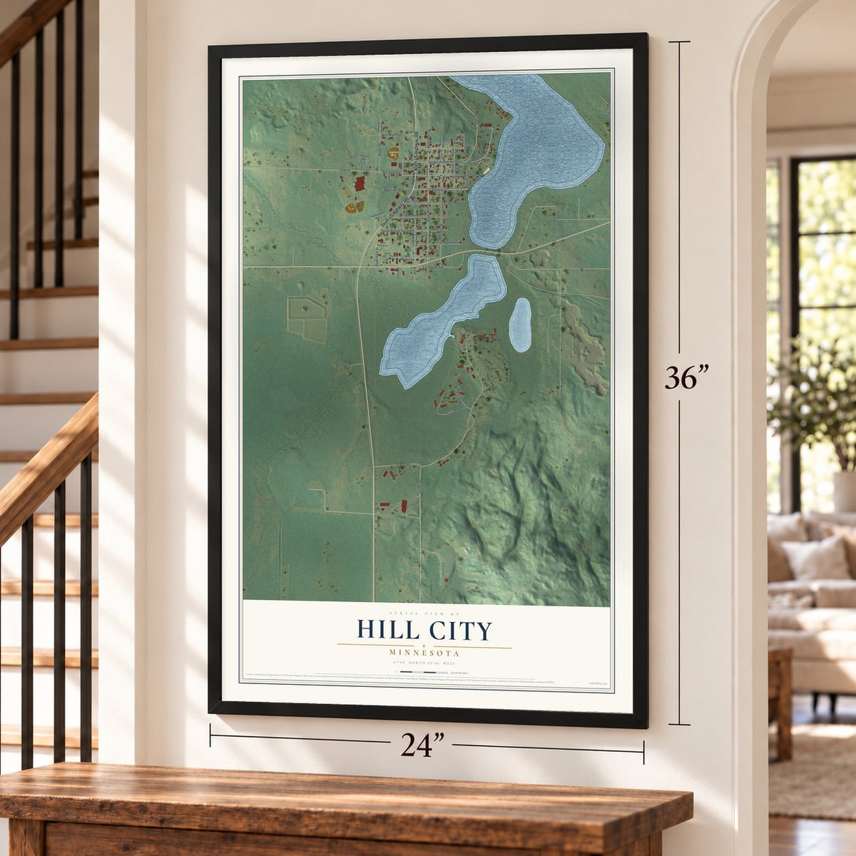 Hill City, Minnesota map, 24 x 36 inch print in a black frame by a staircase
