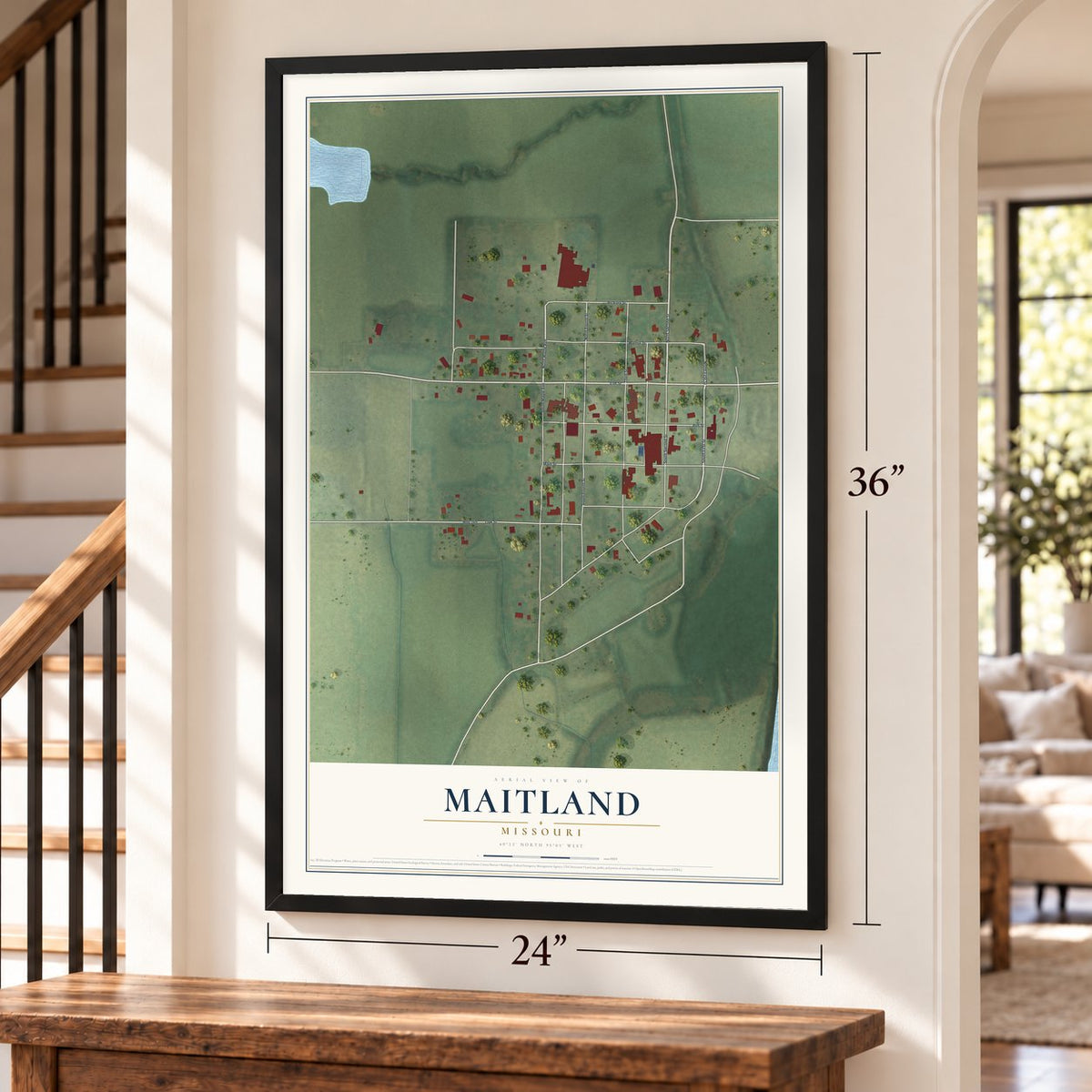 Maitland, Missouri map, 24 x 36 inch print in a black frame by a staircase