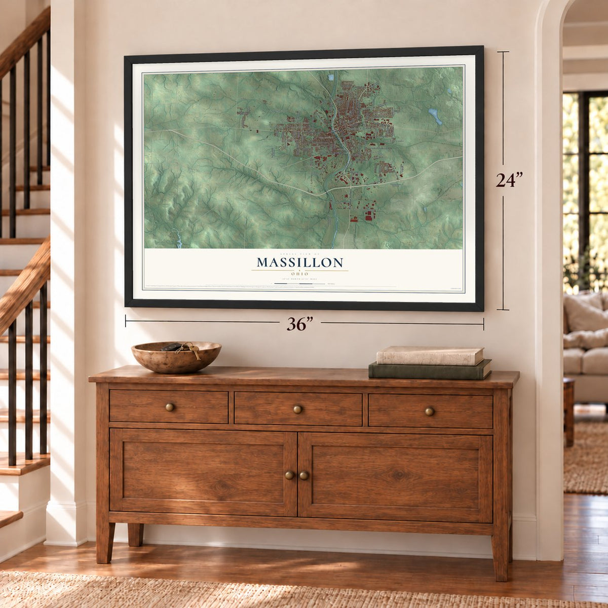 Massillon, Ohio map, 24 x 36 inch print in a black frame above a dresser by a staircase