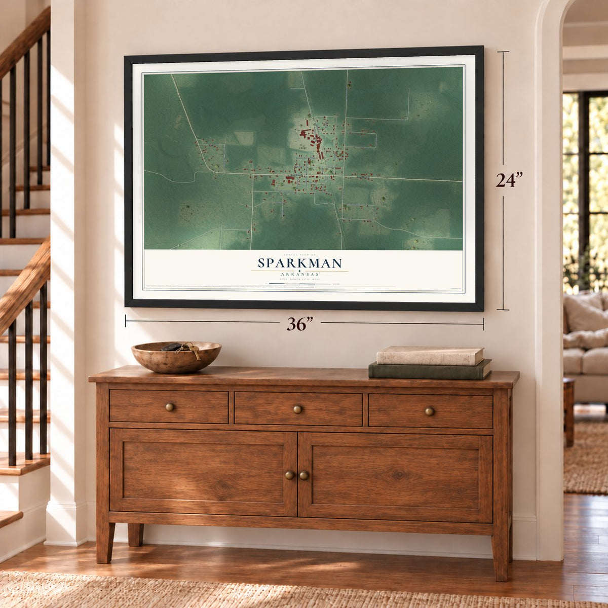 Sparkman, Arkansas map, 24 x 36 inch print in a black frame above a dresser by a staircase