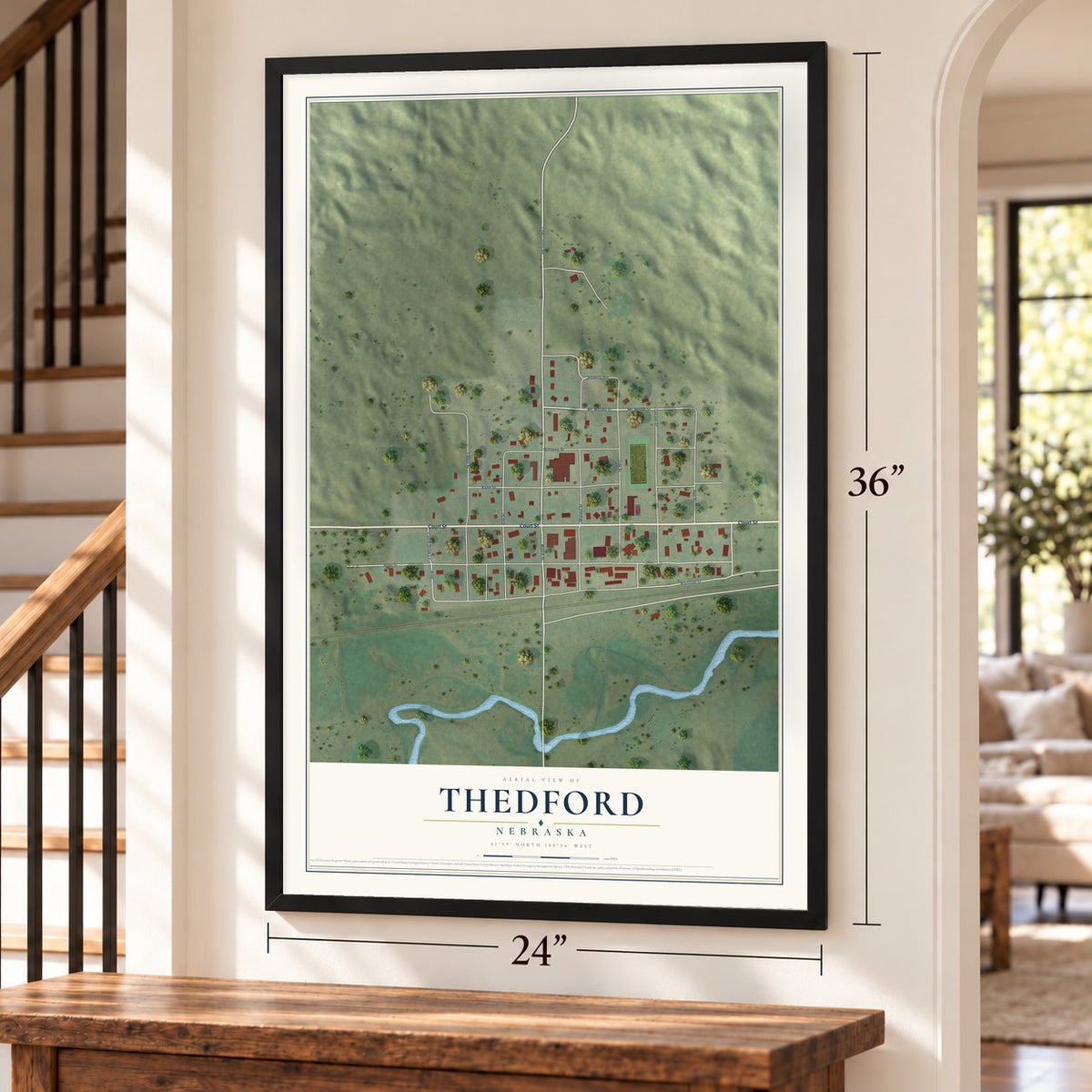 Thedford, Nebraska map, 24 x 36 inch print in a black frame by a staircase