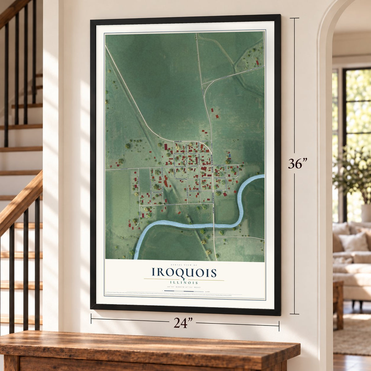 Iroquois, Illinois map, 24 x 36 inch print in a black frame by a staircase
