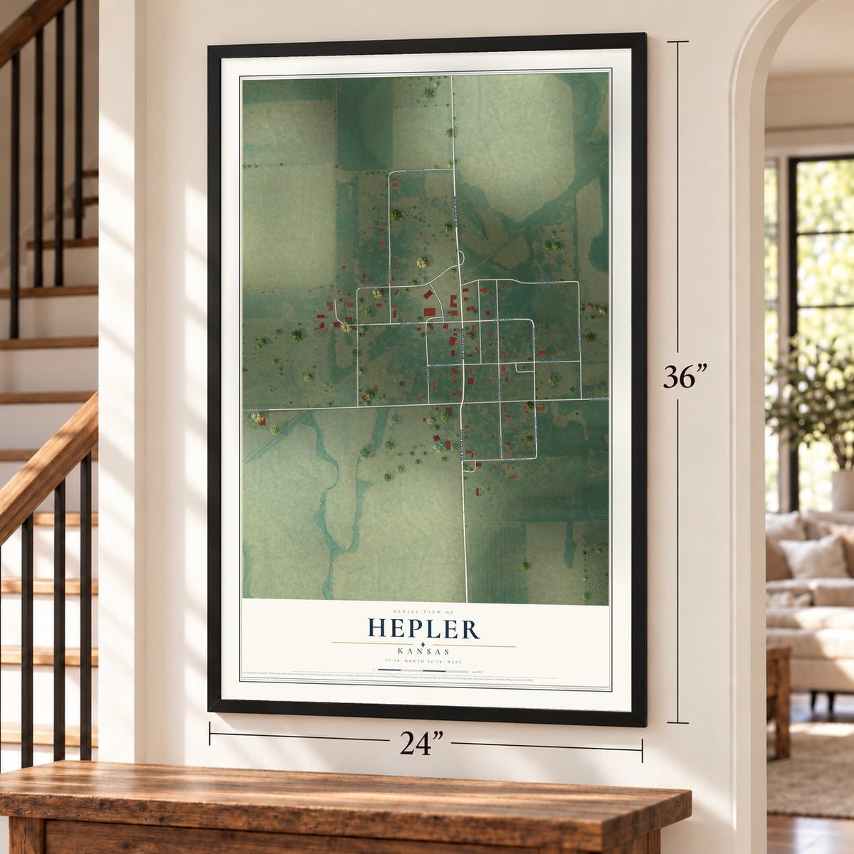 Hepler, Kansas map, 24 x 36 inch print in a black frame by a staircase