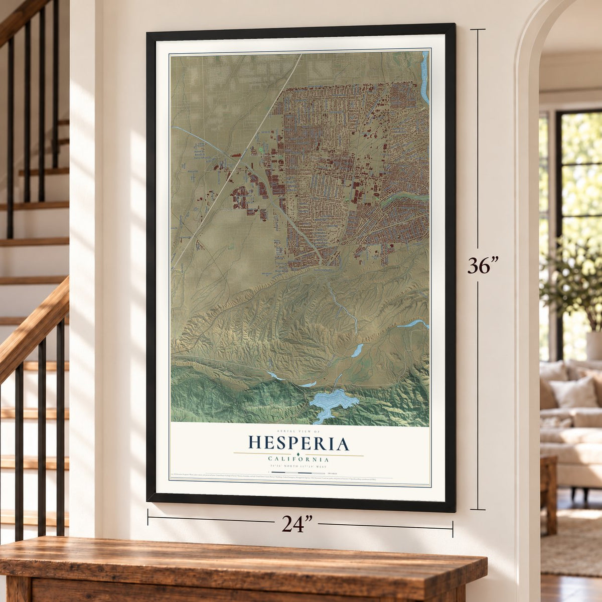 Hesperia, California map, 24 x 36 inch print in a black frame by a staircase