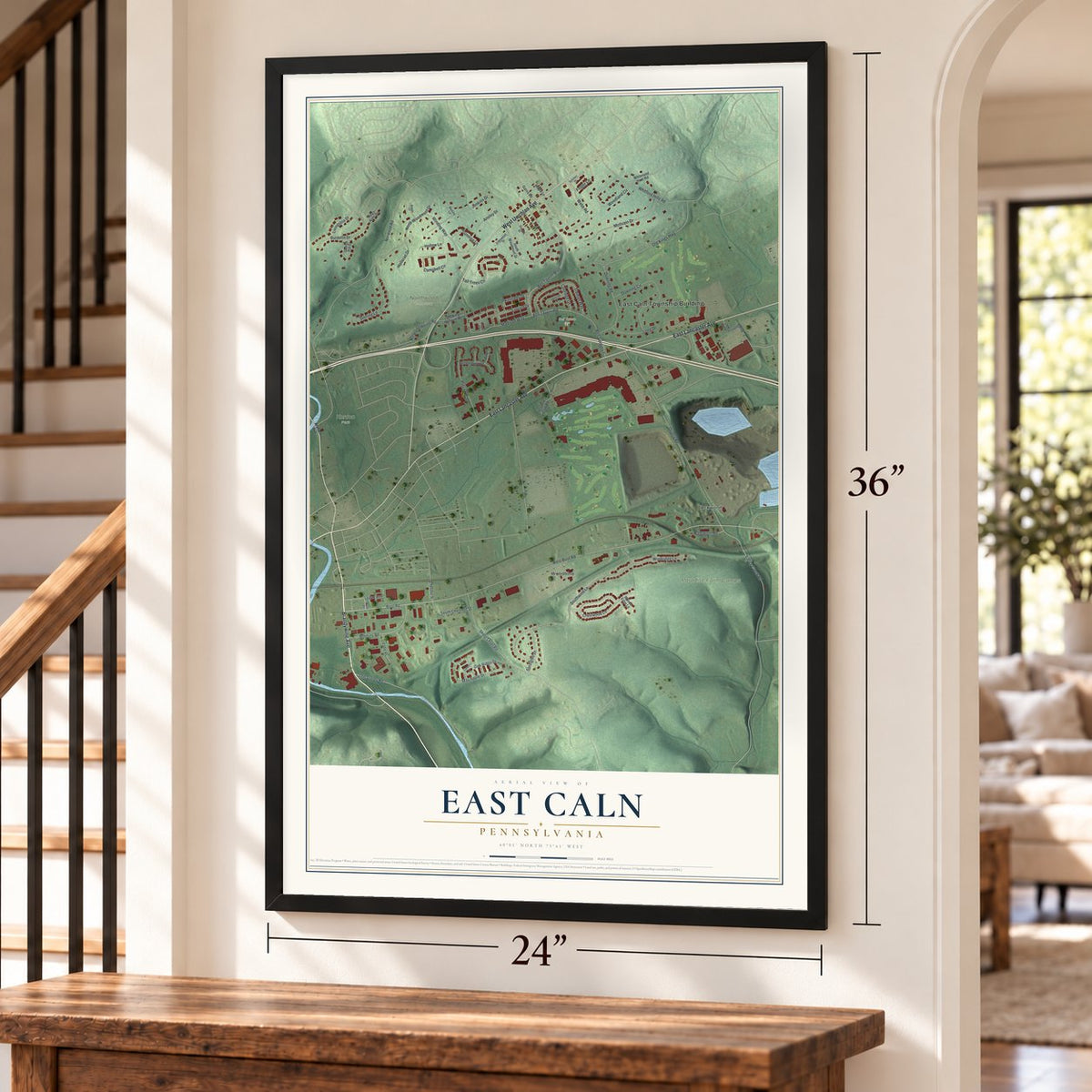 East Caln, Pennsylvania map, 24 x 36 inch print in a black frame by a staircase