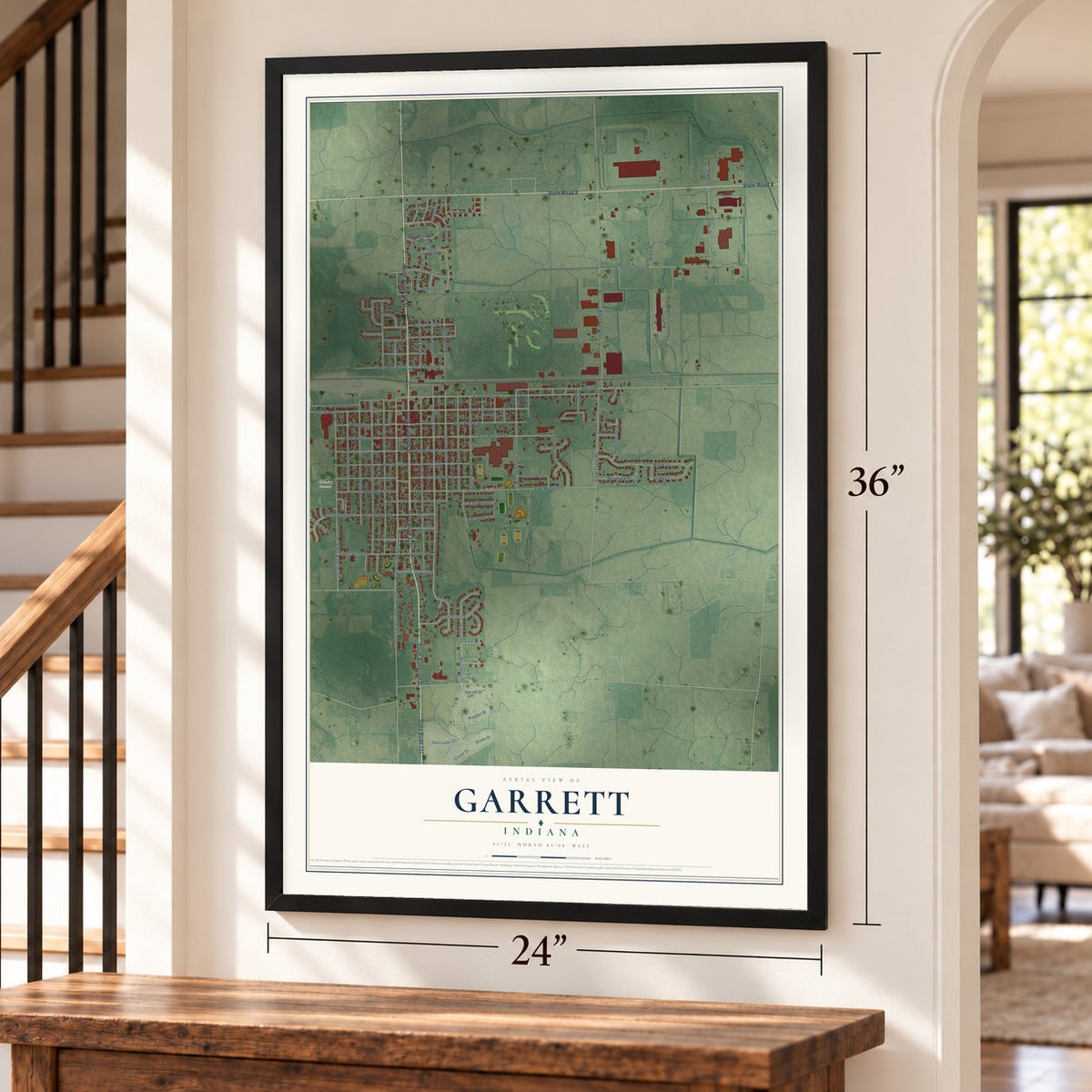 Garrett, Indiana map, 24 x 36 inch print in a black frame by a staircase