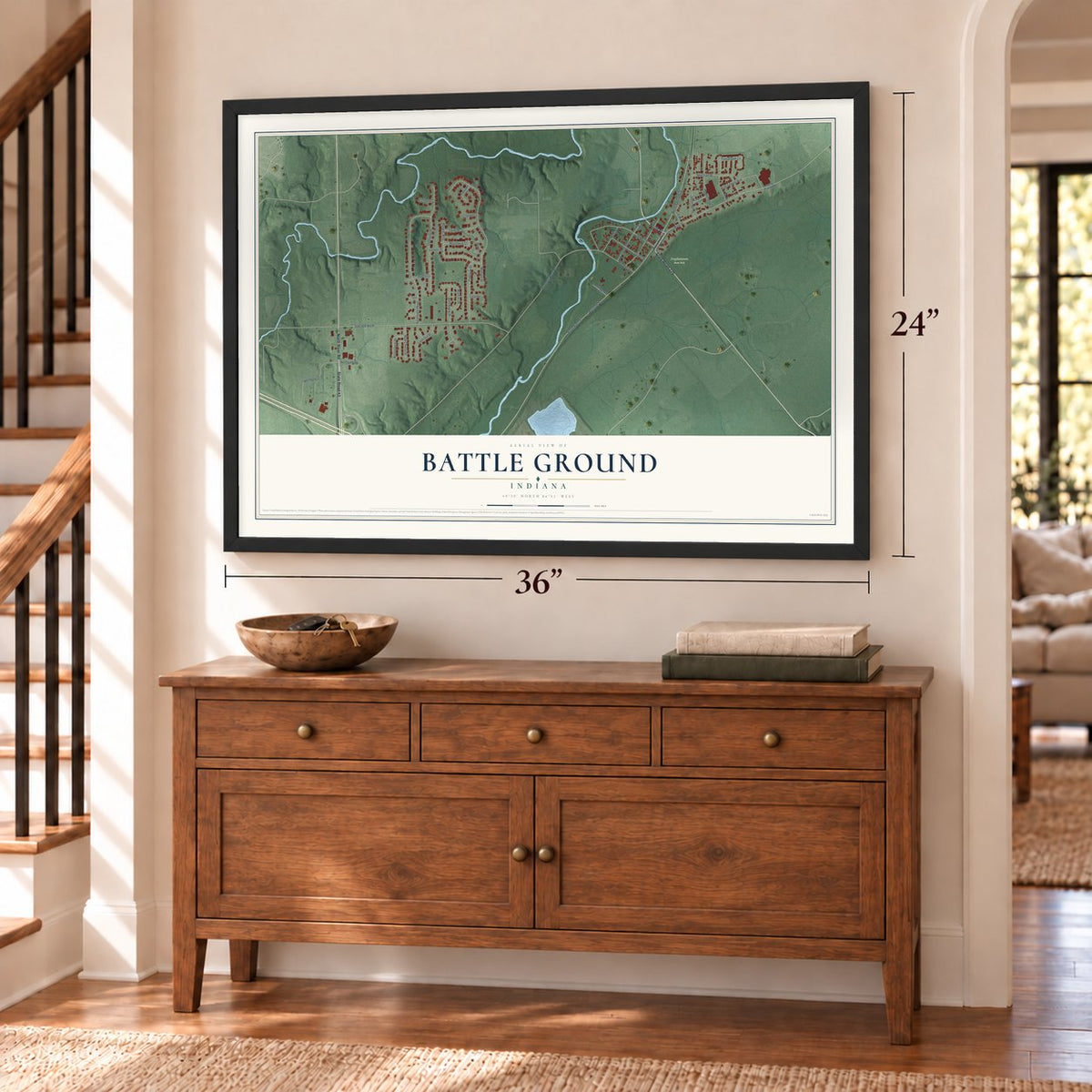 Battle Ground, Indiana map, 24 x 36 inch print in a black frame above a dresser by a staircase