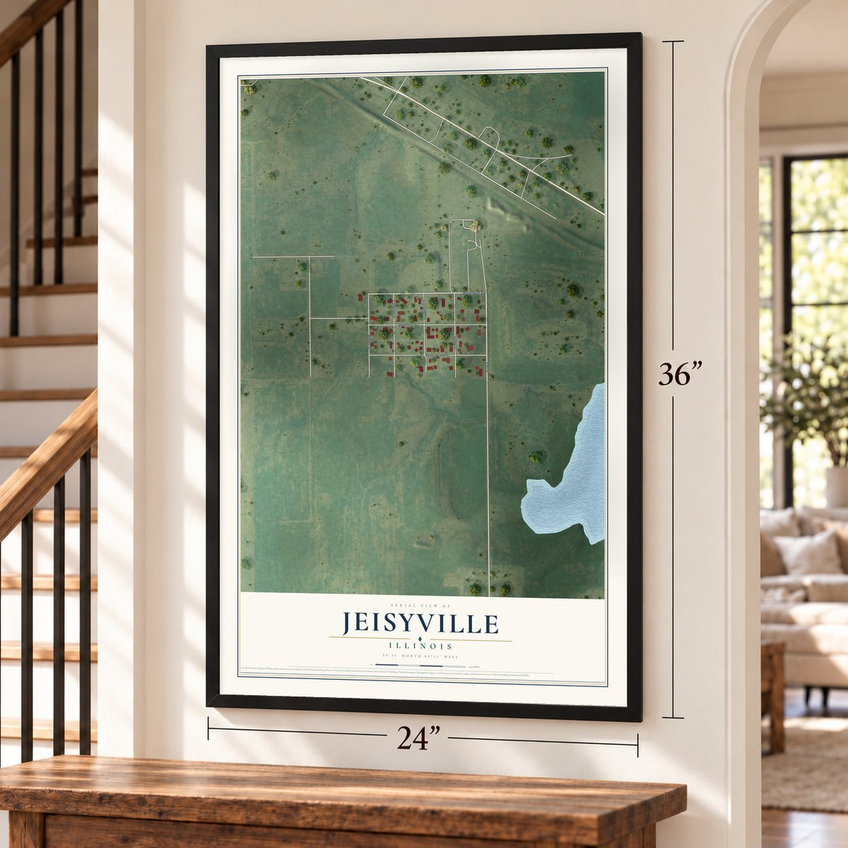 Jeisyville, Illinois map, 24 x 36 inch print in a black frame by a staircase