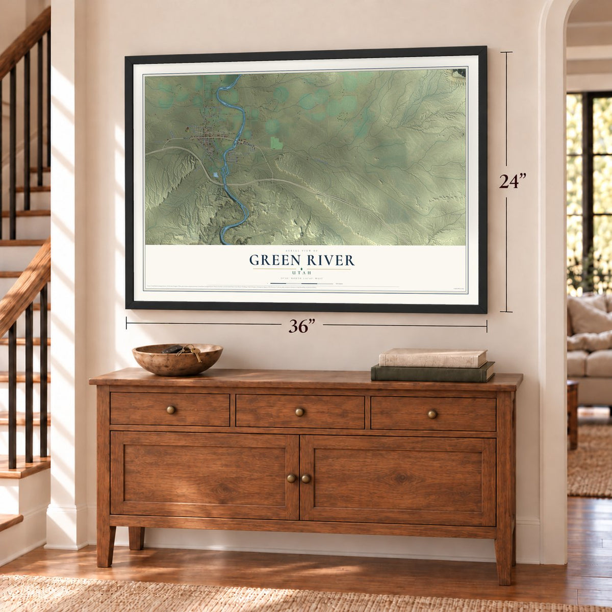 Green River, Utah map, 24 x 36 inch print in a black frame above a dresser by a staircase