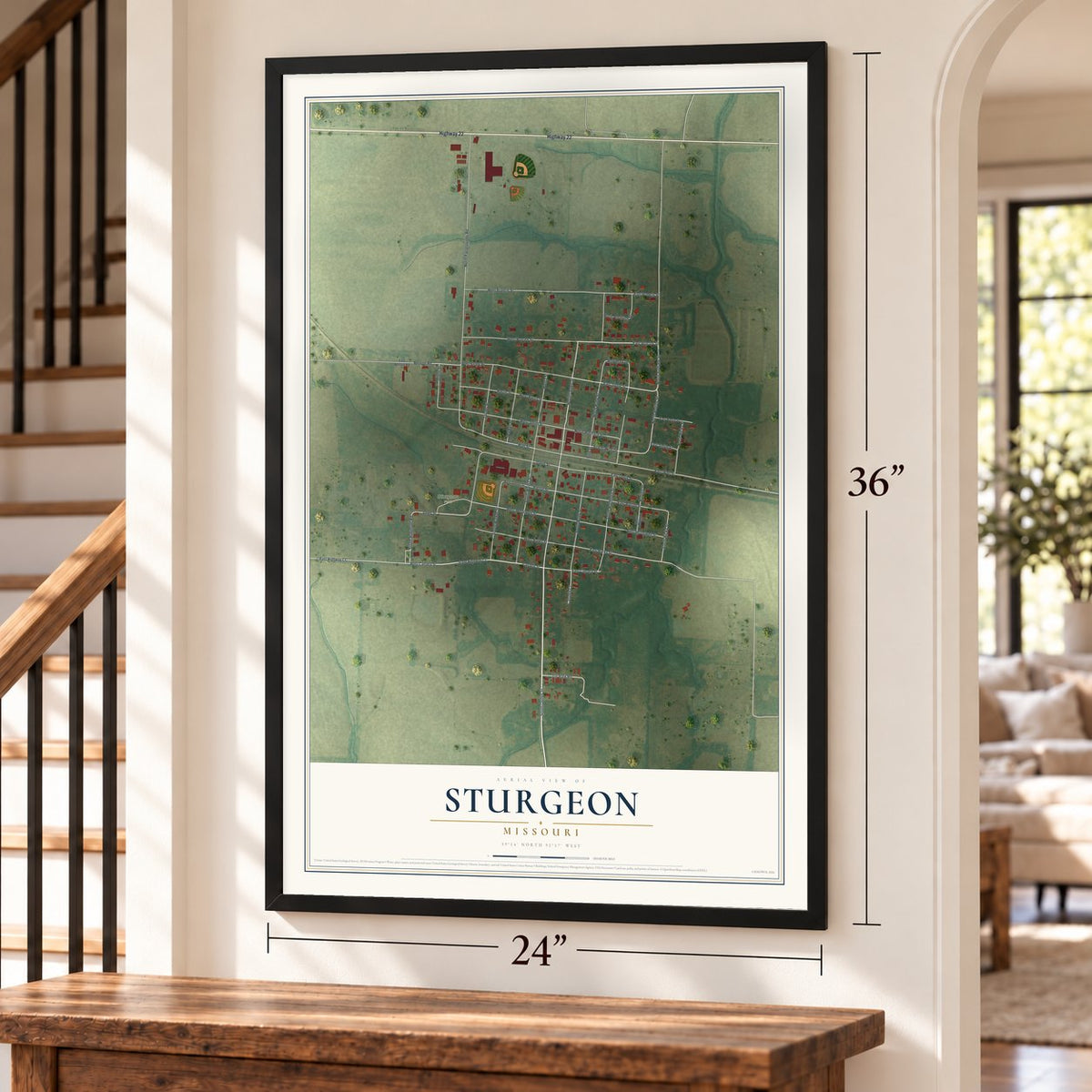 Sturgeon, Missouri map, 24 x 36 inch print in a black frame by a staircase