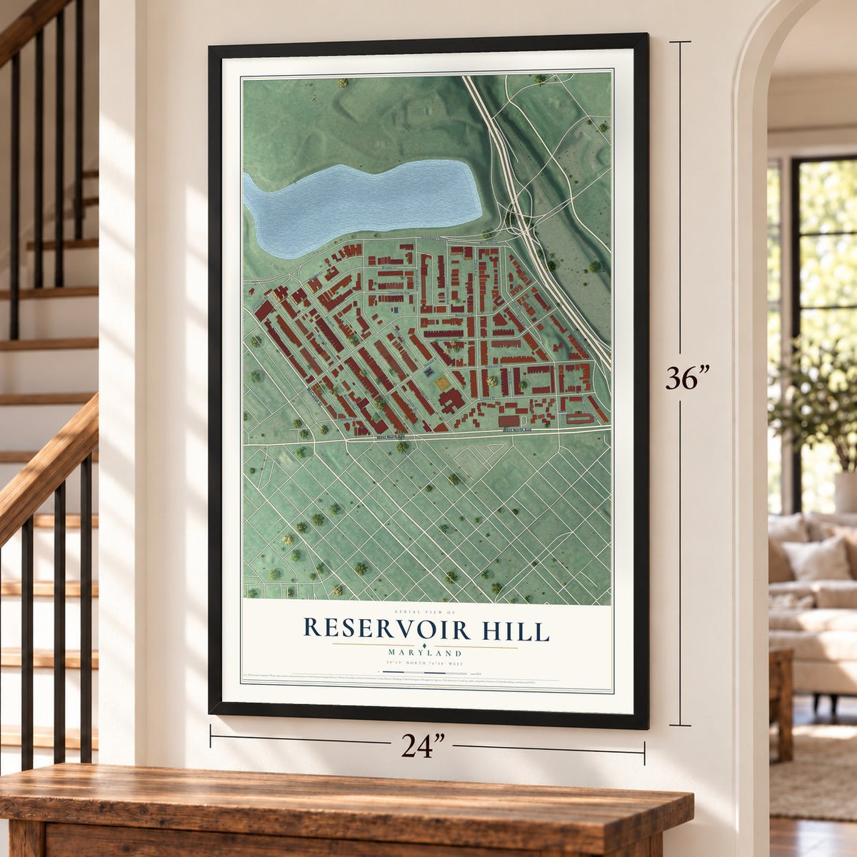 Reservoir Hill, Maryland map, 24 x 36 inch print in a black frame by a staircase