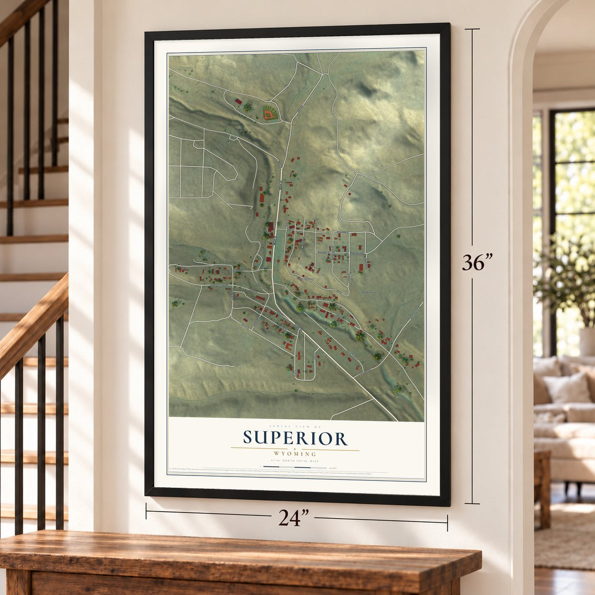 Superior, Wyoming map, 24 x 36 inch print in a black frame by a staircase