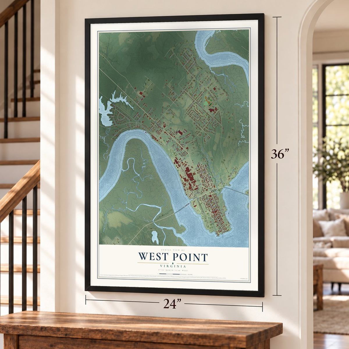 West Point, Virginia map, 24 x 36 inch print in a black frame by a staircase